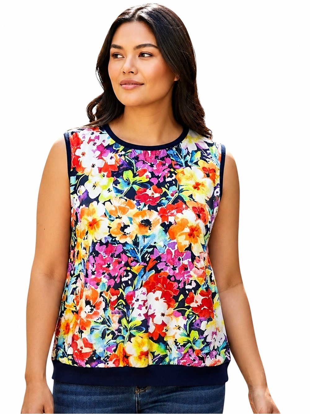 Lauren Ralph Lauren 2XSleeveless Floral Silk Front Knit Back Top Navy Multicolor